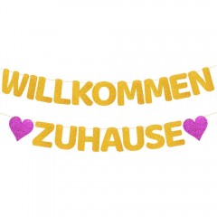 ecooe Willkommen Zuhause Glitter Banner für Familie Partei Dekoration Welcome Home Banner mit 12Stk Wimpeln und 3M Jute Seil