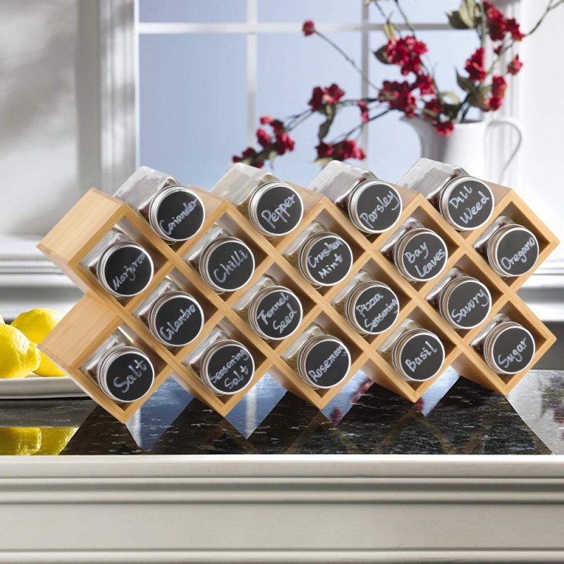 Brand New Kamenstein Criss-Cross Bamboo Spice Rack with 18 FULL spice jars