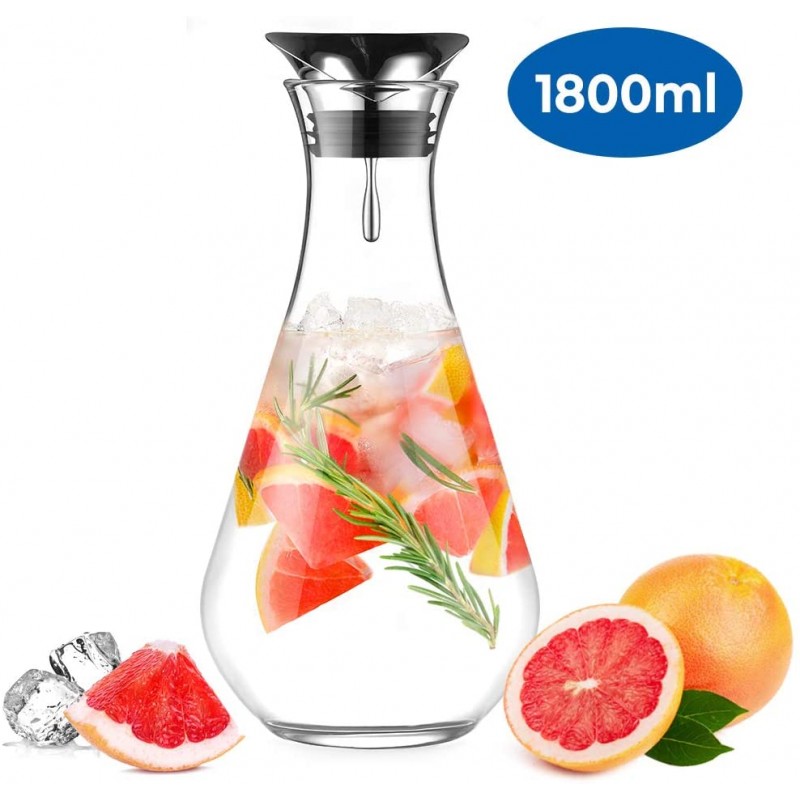 ecooe Water Pitcher Glass Water Carafe with Stainless Steel Lid Glass Iced Tea Pitcher 1800ml 