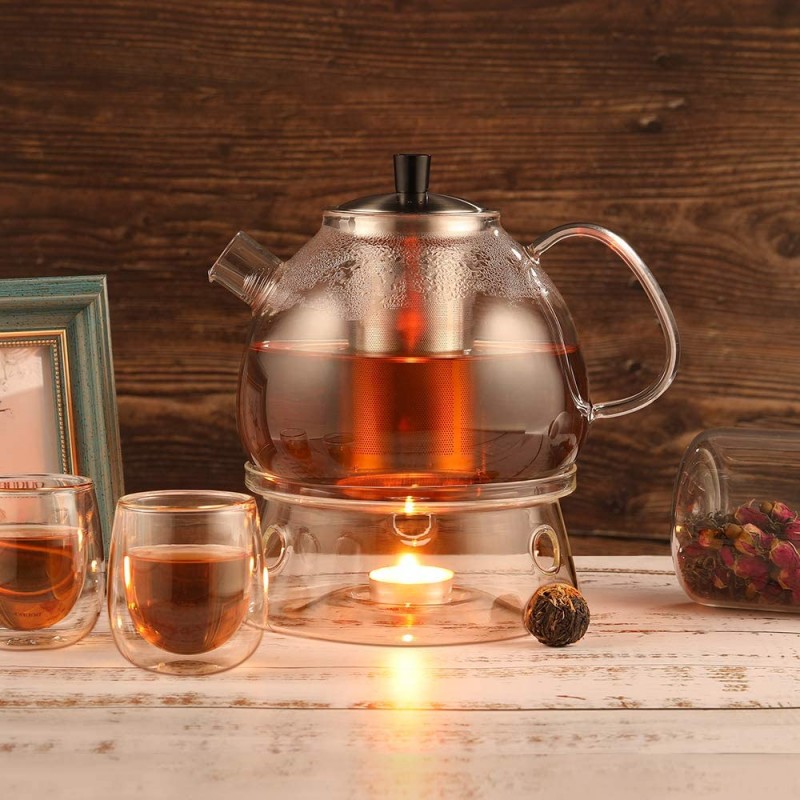 Ecooe 1500mL Teapot with Teapot Warmer, Glass Teapot with Stainless Steel  Infuser, Glass Teapot Warmer - Ecooe