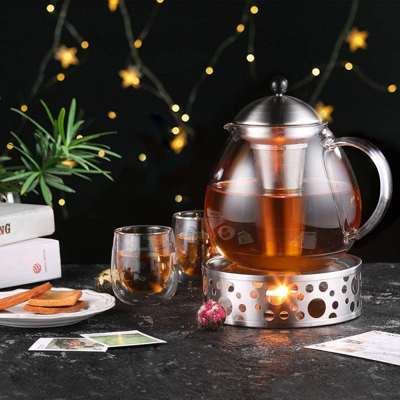 Glastal 1500mL Glass Teapot with 18/10 Stainless Steel Tea Warmer and  Infuser Heat Resistant Borosilicate Glass Tea Pot for Loose Tea Tea Bag  Fruit Scented Tea and Blooming Tea Stovetop Safe - Ecooe