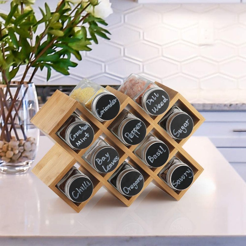 Brand New Kamenstein Criss-Cross Bamboo Spice Rack with 18 FULL spice jars