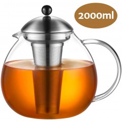  Glastal Glas Teekanne 2000ml mit 18/10 Edelstahl Teesieb Borosilicate Glas Teebereiter auf Stove Glaskanne mit Entfernbar Seibskanne mit Entfernbar Seib