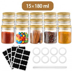 Glastal 15 Spice Jar 180ml Round Borosilicate Decorative Storage Spice Jars with Bamboo Lid 32 Black Labels 1 Pen 8 Replacement Seal Ring Glass Storage for Spices Ø6.7 * 8.8cm