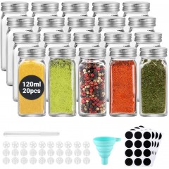 ecooe Spice Bottles 20x120ml Spice Jars with Airtight Screw Cap Square Spice Jars with 1 Funnel & Pen 48 Black Labels 10 Replacement Filters Glass Storage For Various Spices