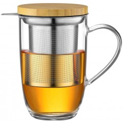 ecooe 440ml Glass Tea Cup Borosilicate Tea Cup Tea Glass with Ultrafine 18/10 Stainless Steel Strainer Natural Bamboo Lid Thickened Glass Cup for Coffee Juice Carbonated Drinks Milk Yogurt