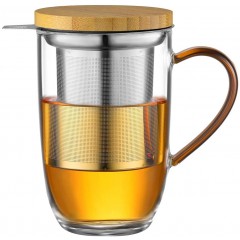 ecooe 440ml Glass Tea Cup Borosilicate Tea Mug Tea Glass with Ultra Fine 18/8 Stainless Steel Strainer Natural Bamboo Lid Thickened Glass Cup for Coffee Juice Fizzy Drinks Milk Yogurt