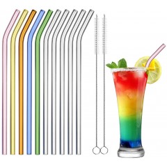 ecooe Glass Straws 10 Reusable Drinking Straws 0.8 * 21.5cm Curved Glass Straws with 2 Cleaning Brushes Eco-Friendly Dishwasher Safe For Smoothie Milkshake Cocktail Juice