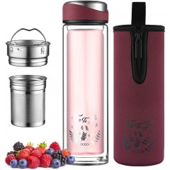 ecooe Tea Bottle Double-Walled 440 ml to Go Tea Bottle Drinking Bottle with Removable 18/8 Stainless Steel Tea Strainer and Bottle Protective Bag Tea Glass Bottle for Tea Coffee Juice and Milkshake