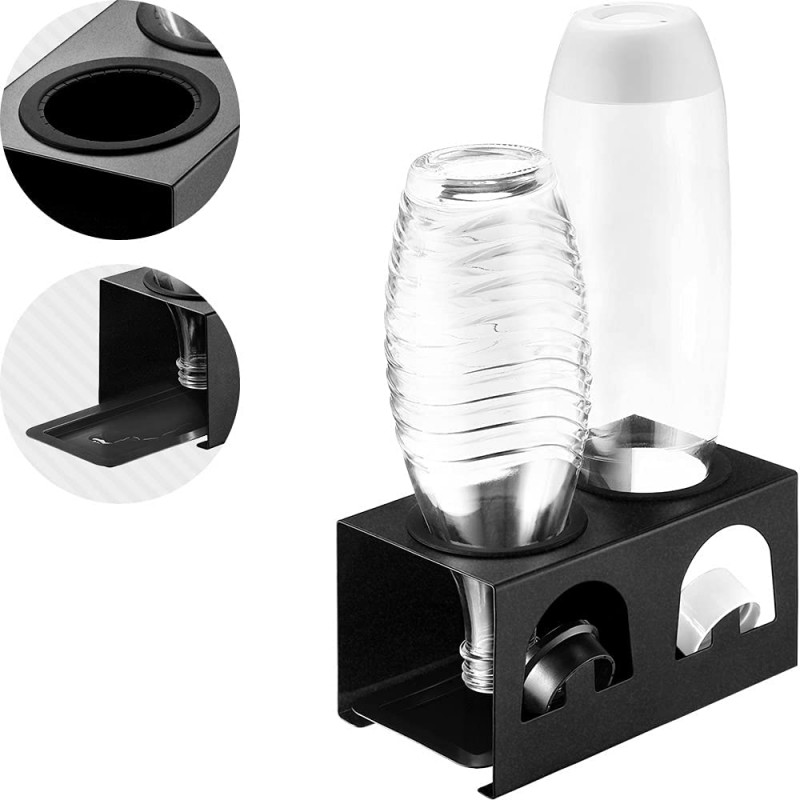 cooe Abtropfhalter Flaschenhalter mit Abtropfmatte und Kantenschutzringe  Abtropfständer für SodaStream und Emil Flaschen Für 2 Flaschen und 2  Deckel/Flaschenhalter Schwarz, black - Ecooe