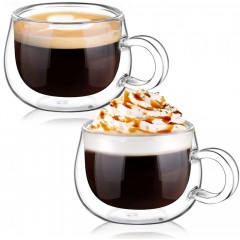 glastal Espressotassen Doppelwandig Espresso Gläser Tasse 2er Set Borosilikatglas Kaffeetassen Glas 120ml Kaffeegläser Teegläser Set mit Henkel für Macchiato,latte,Tee,EIS,Milch