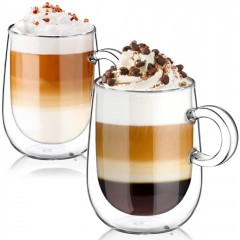 glastal 2x360ml Double Walled Coffee Glasses Mugs Cappuccino Latte Macchiato Glasses Cups with Handle Borosilicate Heat Resistant Glass Cups for Coffee Tea Milk Juice Ice Cream