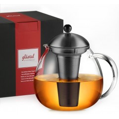 glastal Glas Schwarze Teekanne 1500ml mit 18/8 Edelstahl Teesieb Borosilicate Glas Teebereiter Glaskanne Geeignet für Teewarmer