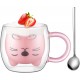 ecooe 1*280ml Double Walled Cute Cat Glass Mug Coffee Glass Mug Cappuccino Latte Macchiato Glass Cup with Handle & a Spoon Borosilicate Heat Resistant Glass Cup for Coffee Tea Milk Juice Ice Cream