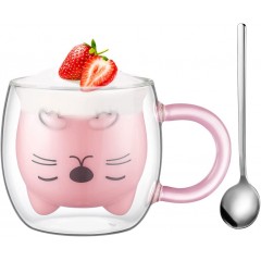 ecooe 1*280ml Double Walled Cute Cat Glass Mug Coffee Glass Mug Cappuccino Latte Macchiato Glass Cup with Handle & a Spoon Borosilicate Heat Resistant Glass Cup for Coffee Tea Milk Juice Ice Cream