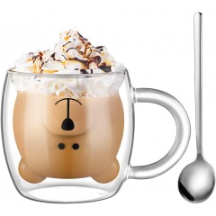 ecooe 1*280ml Double Walled Cute Bear Glass Mug Coffee Glass Mug Cappuccino Latte Macchiato Glass Cup with Handle & a Spoon Borosilicate Heat Resistant Glass Cup for Coffee Tea Milk Juice Ice Cream