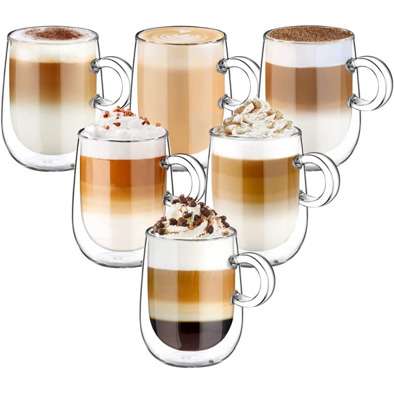glastal Double Walled Glass Coffee Mug 12 oz Cappuccino Cups  Set of 2, Clear Glass Coffee Cups with Handle, Insulated Borosilicate  Double Wall Glass Latte Coffee Mugs Milk Tea Cup [