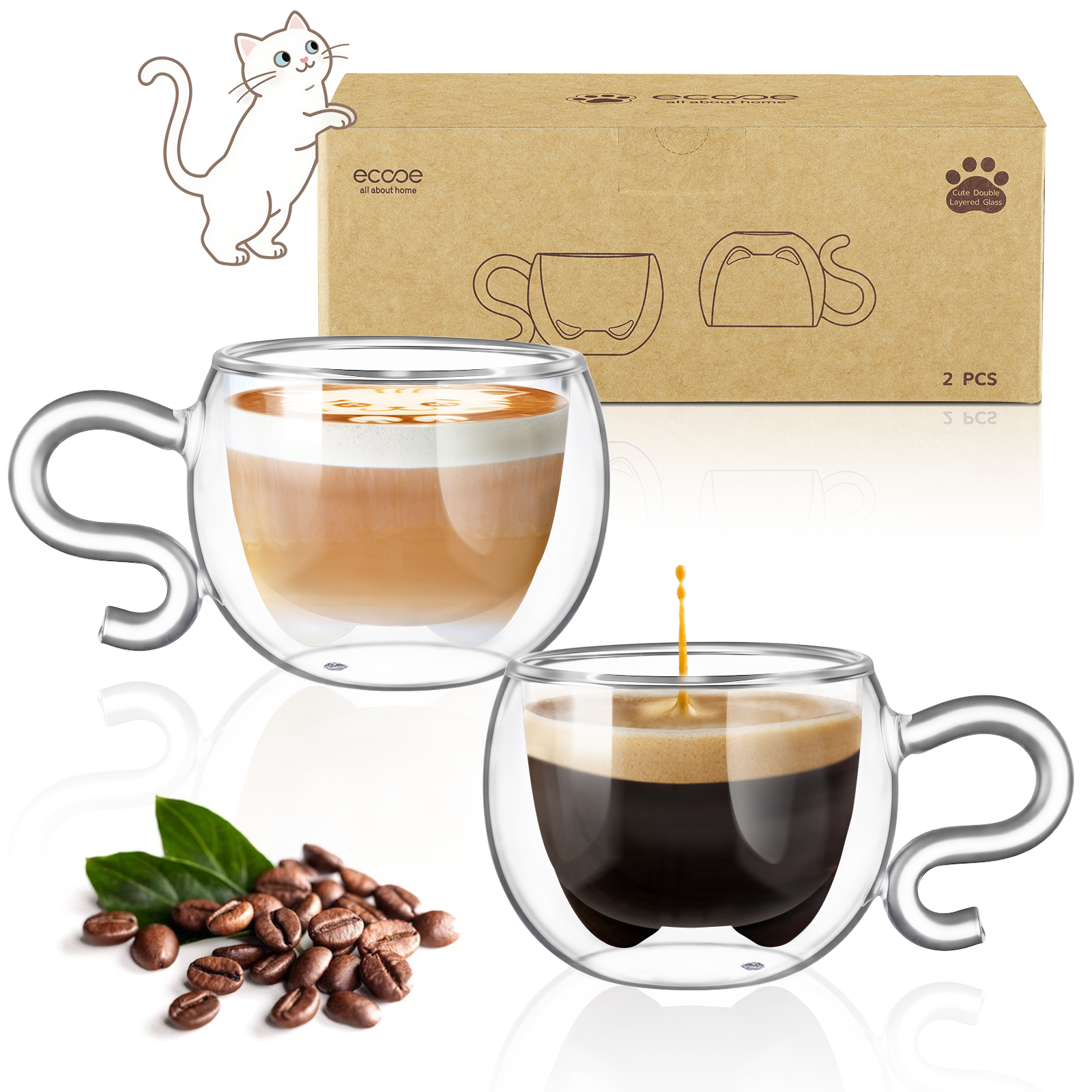 ecooe 4.4 Oz Cute Cat Double Wall Glasses Espresso Cups Set of 2, Demitasse Cups, Espresso Shots Coffee Cups Birthday Christmas Gifts for Women,Men, Mum, Kids, 130 ml (full capacity)