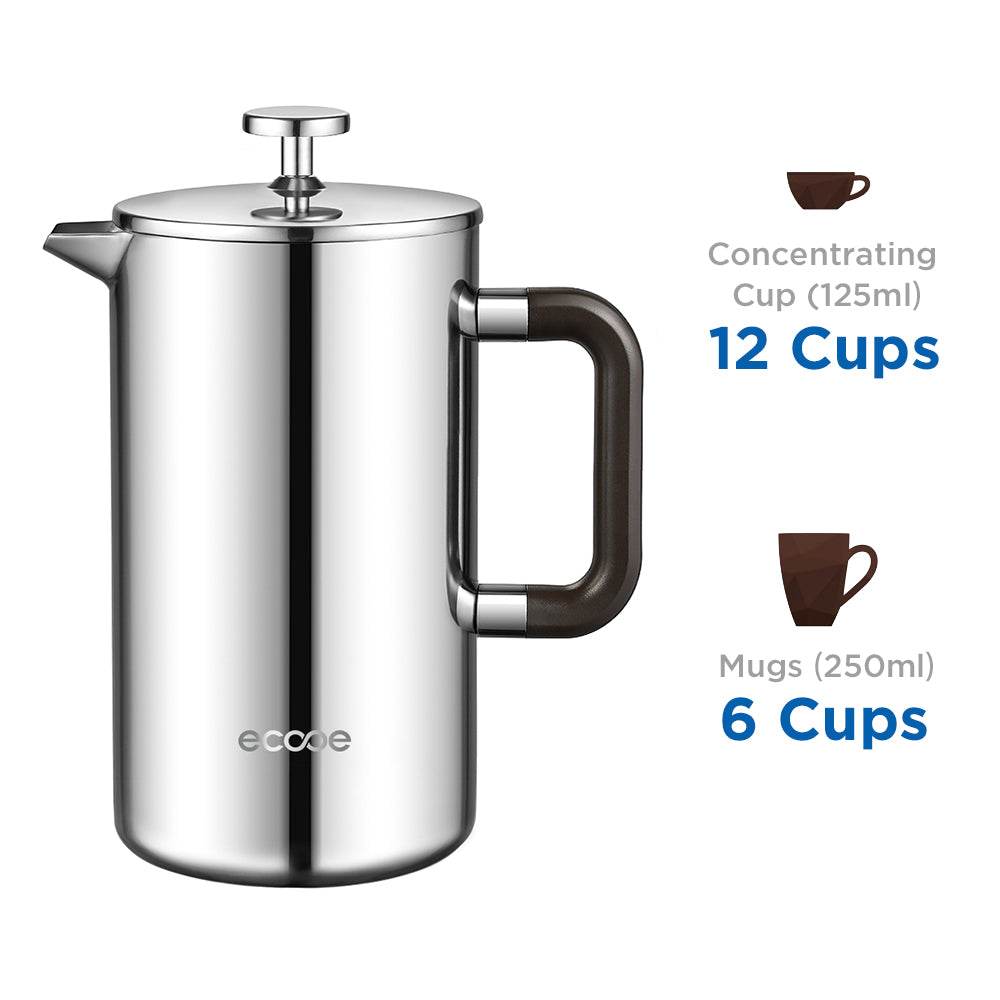 ecooe 1.5L French Press Kaffee Doppelwandiger Kaffeebereiter aus 18/10 Rostenfrei Edelstahl mit 3 Filtern Silber 1500ml