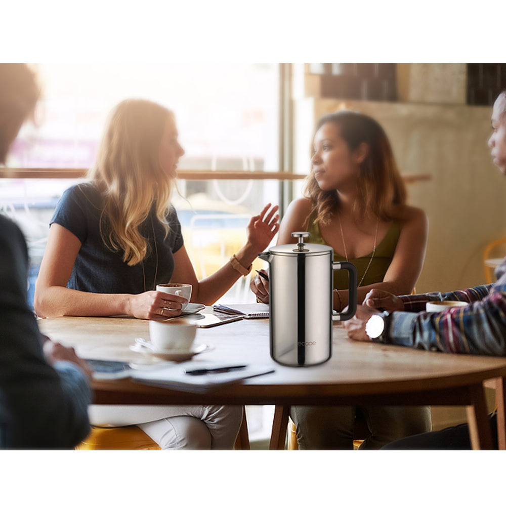 ecooe 1.5L French Press Kaffee Doppelwandiger Kaffeebereiter aus 18/10 Rostenfrei Edelstahl mit 3 Filtern Silber 1500ml