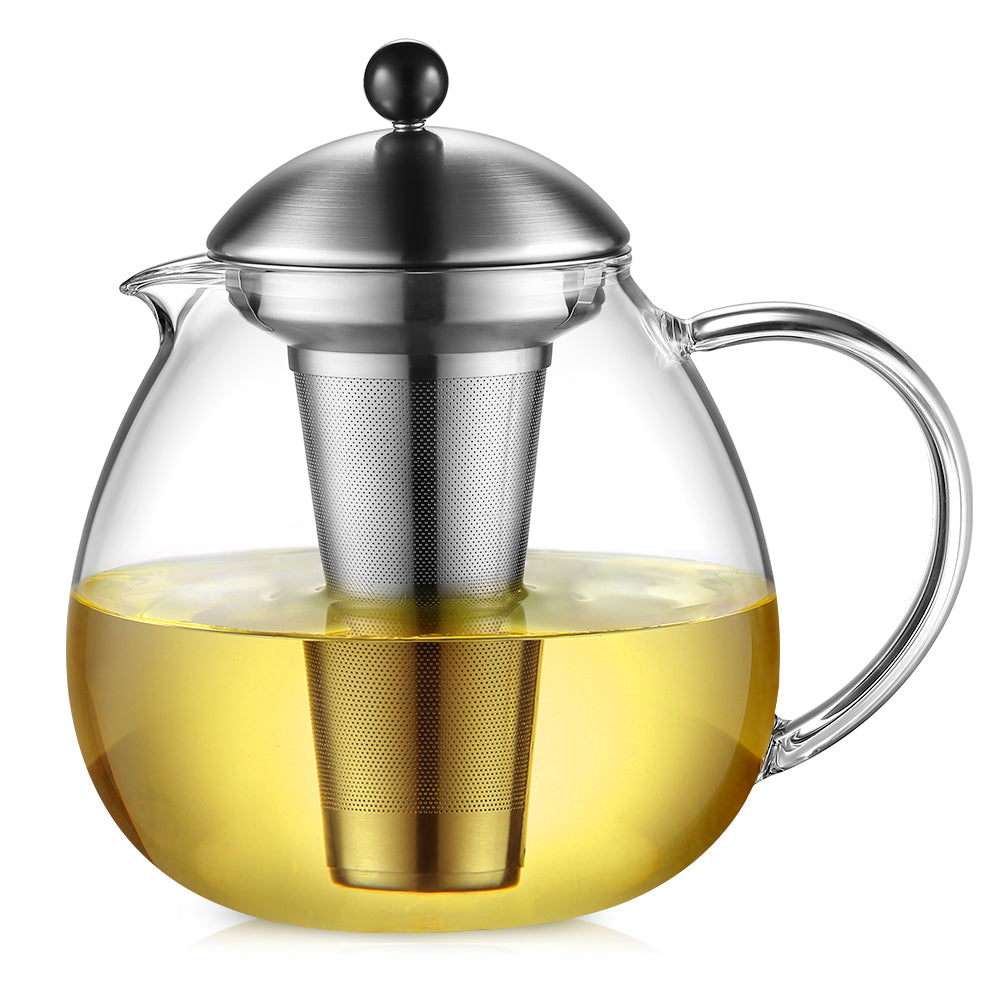 glastal Glas Silberne Teekanne 1500ml mit 18/8 Edelstahl Teesieb Borosilicate Glas Teebereiter Glaskanne Geeignet für Teewarmer