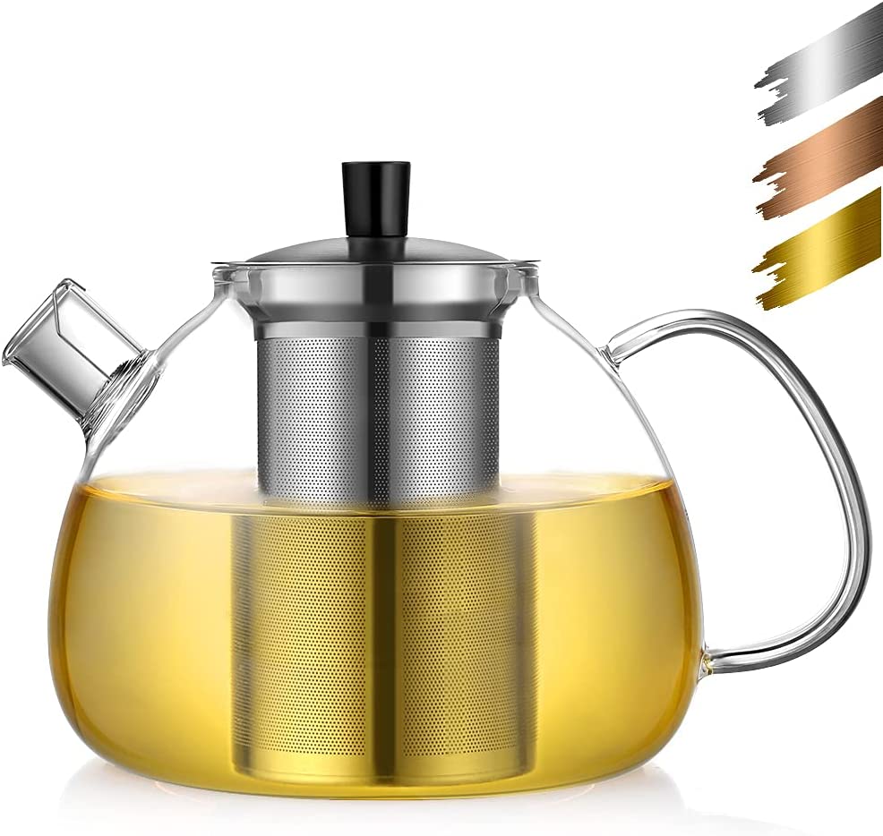 ecooe Teekanne aus Glas mit Teesieb 1500 ml, hitzebeständige Teekanne aus klarem Glas mit herausnehmbarem Edelstahl-Teesieb, für schwarzen Tee, Grüntee, duftenden Früchtetee