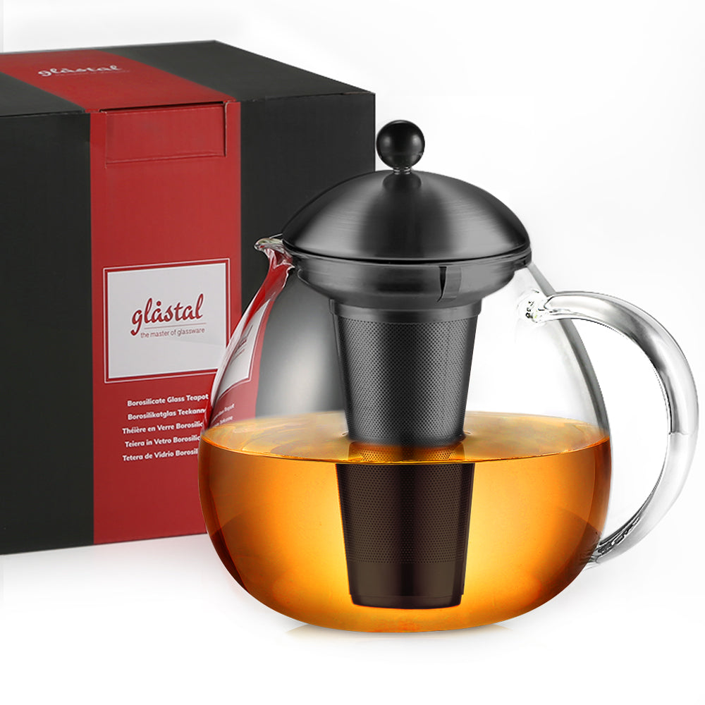 glastal Glas Schwarze Teekanne 1500ml mit 18/8 Edelstahl Teesieb Borosilicate Glas Teebereiter Glaskanne Geeignet für Teewarmer