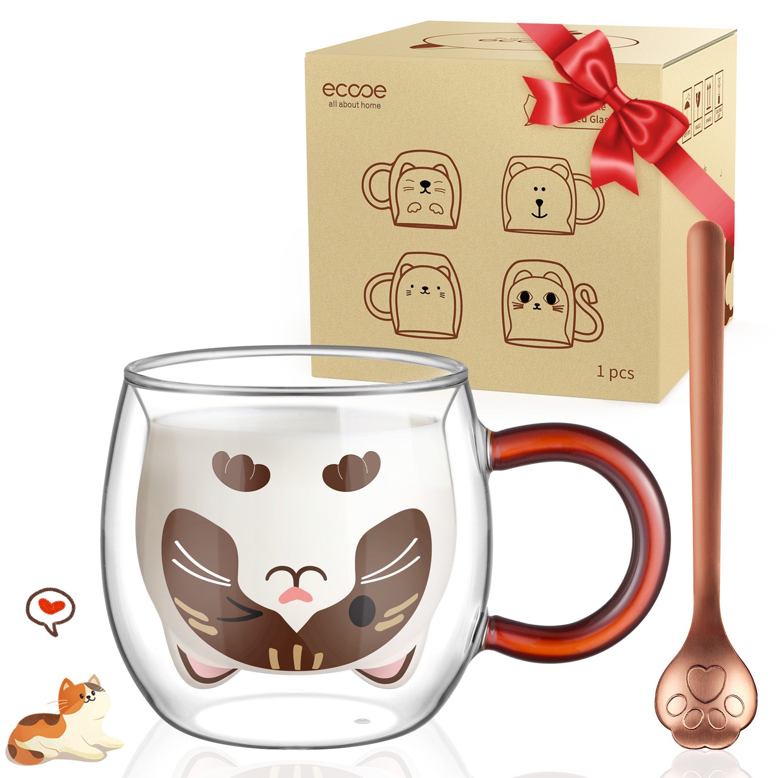 ecooe Katzen Tasse Süße Doppelwandige Gläser 280ml Latte Macchiato Gläser Cappuccino Tassen Katze Kaffeetasse Doppelwandig Kaffeeglas Teegläser Geburtstag Valentinstag Geschenke für Frauen Kinder