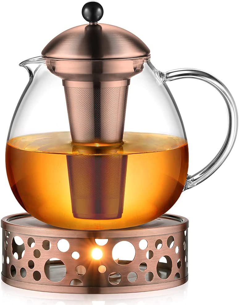 glastal 1500ml Bronze Teekanne mit Stövchen Teebereiter Glas und Edelstahl Teewärmer Teekanne Suit