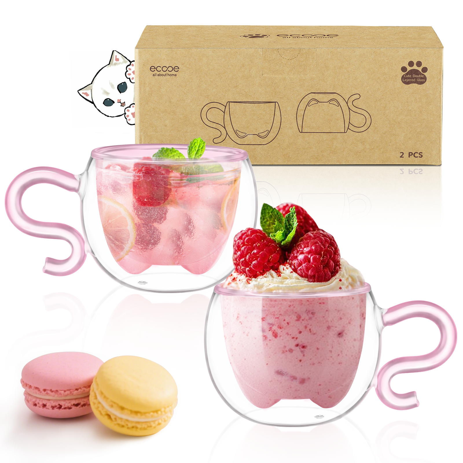 ecooe 130ml Süße Rosa Katze Doppelwandige Kaffeegläser Espressotassen 2er-Set, Katzentasse Geburtstagsgeschenk Geschenke für Frauen, Freundin, Mama, Kinder, Espresso Gläser für Eiskaffee und Milch