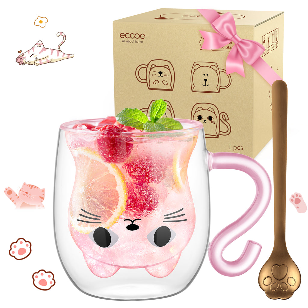 ecooe Doppelwandige Süße katze Latte Macchiato Gläser Kaffeetasse 290ml Kaffeeglas Teegläser für Cappuccino,Latte Macchiato,Tee, Milch, EIS, Bier, Geburtstag Valentinstag Geschenke für Frauen Kinder