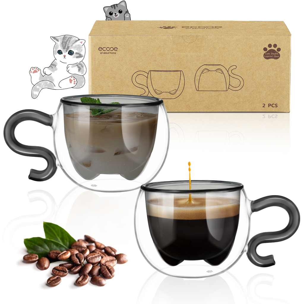 ecooe 130ml Süße Katze Espressotassen Set Glas Doppelwandige Kaffeegläser, Katzentasse Geschenke für Männer, Frauen, Kinder, Espresso Gläser für Eiskaffee und heiße Milch (Schwarz, 2er Set)