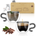 ecooe 130ml Süße Katze Espressotassen Set Glas Doppelwandige Kaffeegläser, Katzentasse Geschenke für Männer, Frauen, Kinder, Espresso Gläser für Eiskaffee und heiße Milch (Schwarz, 2er Set)