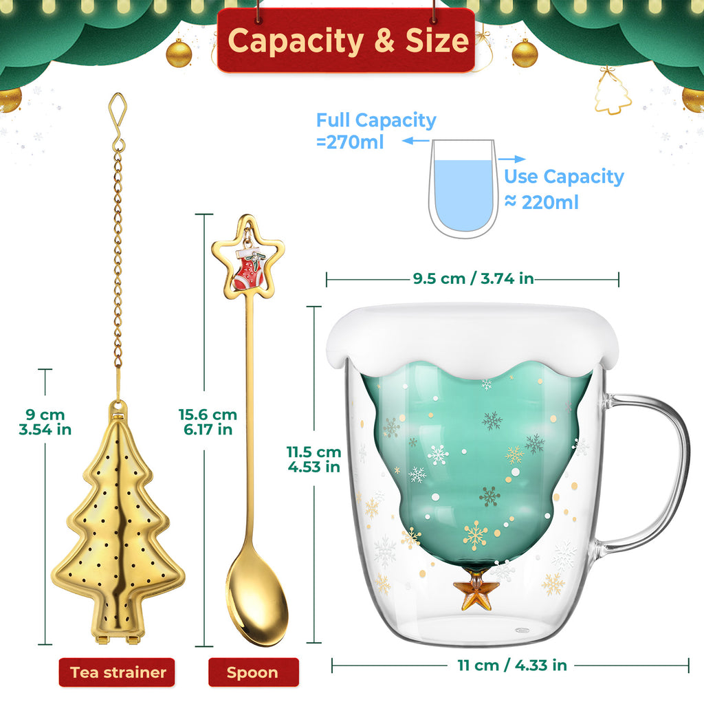 ecooe Doppelwandige Süße Weihnachtsbaum Latte Macchiato Gläser 270ml Kaffeetasse Weihnachten Becher mit Weihnachtsbaum Teesieb Teegläser für Milch, EIS, Weihnachtsgeschenke Geschenke für Frauen Kinder