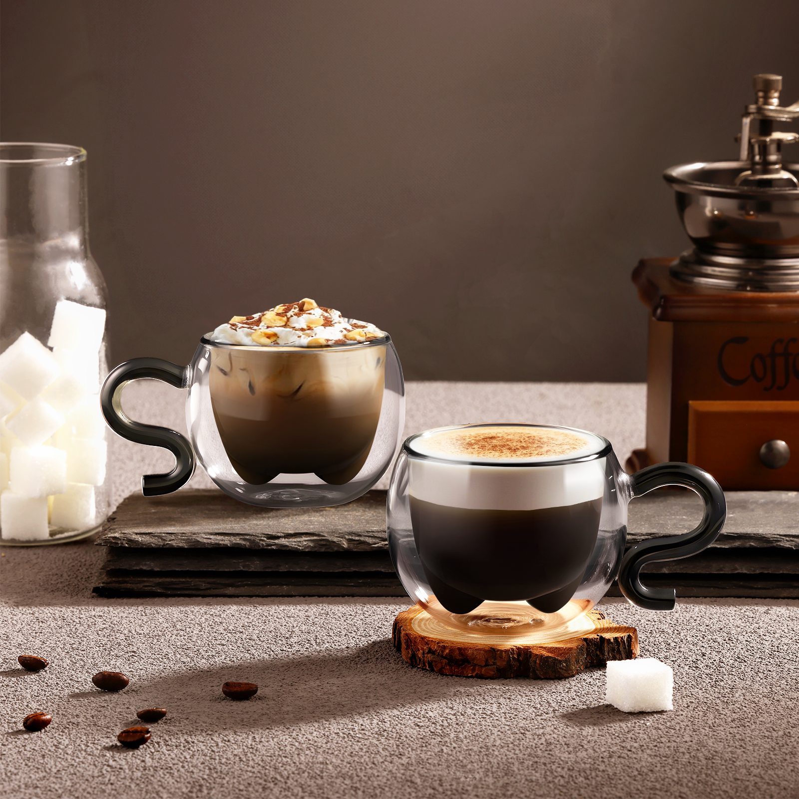 ecooe 130ml Süße Katze Espressotassen Set Glas Doppelwandige Kaffeegläser, Katzentasse Geschenke für Männer, Frauen, Kinder, Espresso Gläser für Eiskaffee und heiße Milch (Schwarz, 2er Set)