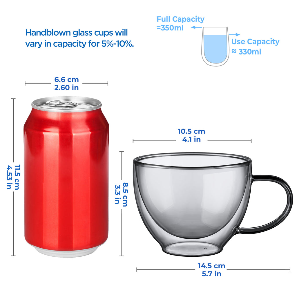 ecooe Black Double Walled Glass Coffee Mug 12 oz Latte Cappuccino Cups Set of 2 Coffee Cups with Handle, Heat Resistant Double Wall Glass Cup for Tea Milk Juice Ice Cream, Birthday Gifts for Mum Dad