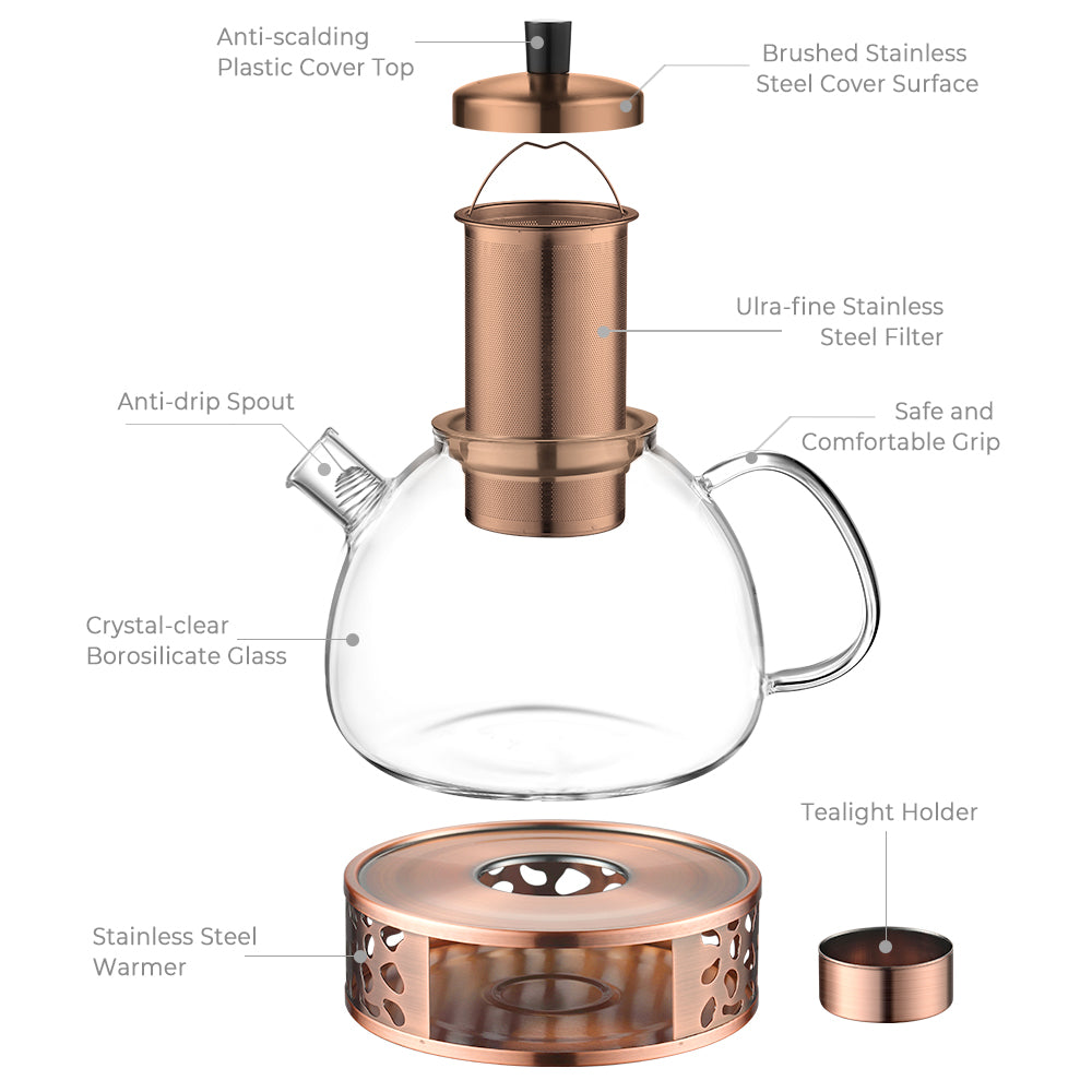 ecooe Teekanne aus Glas mit Teesieb, 1500 ml, mit Teewärmer 18/8 Edelstahl, Teekanne aus Glas mit abnehmbarem Teesieb aus Edelstahl (Kupferfarben), für schwarzen Tee, Grüntee, parfümierter Tee