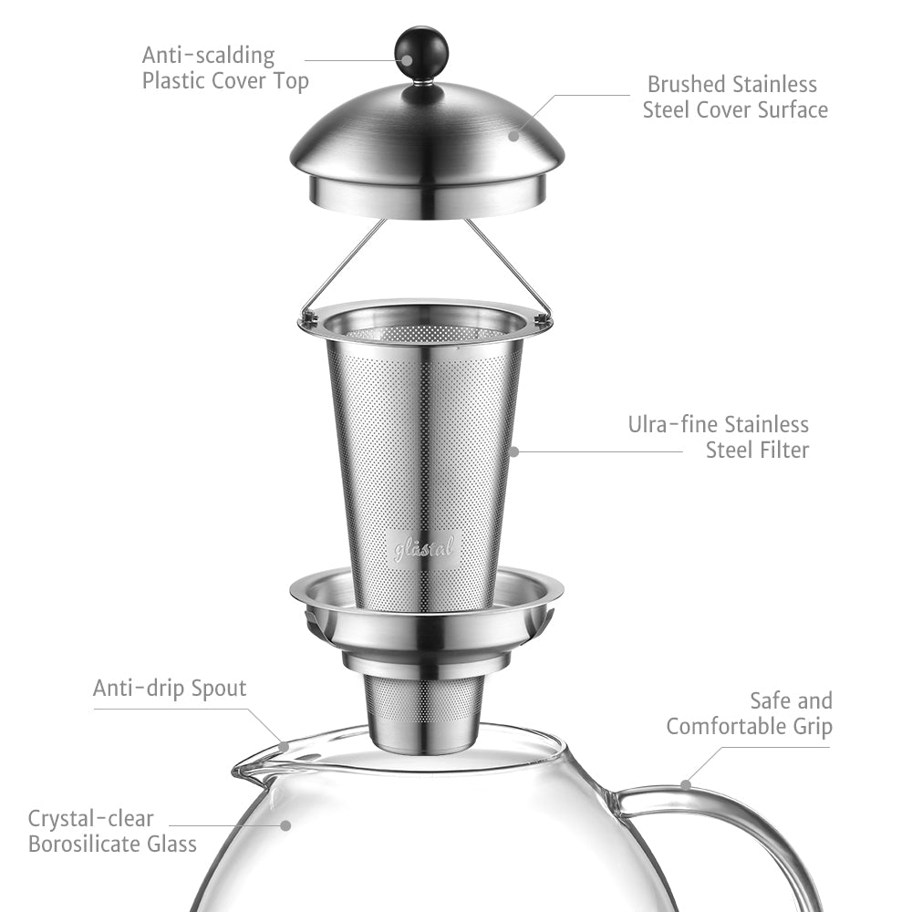 glastal Glas Silberne Teekanne 2000ml mit 18/8 Edelstahl Teesieb Borosilicate Glas Teebereiter auf Stove Glaskanne mit Entfernbar Seibskanne mit Entfernbar Seib