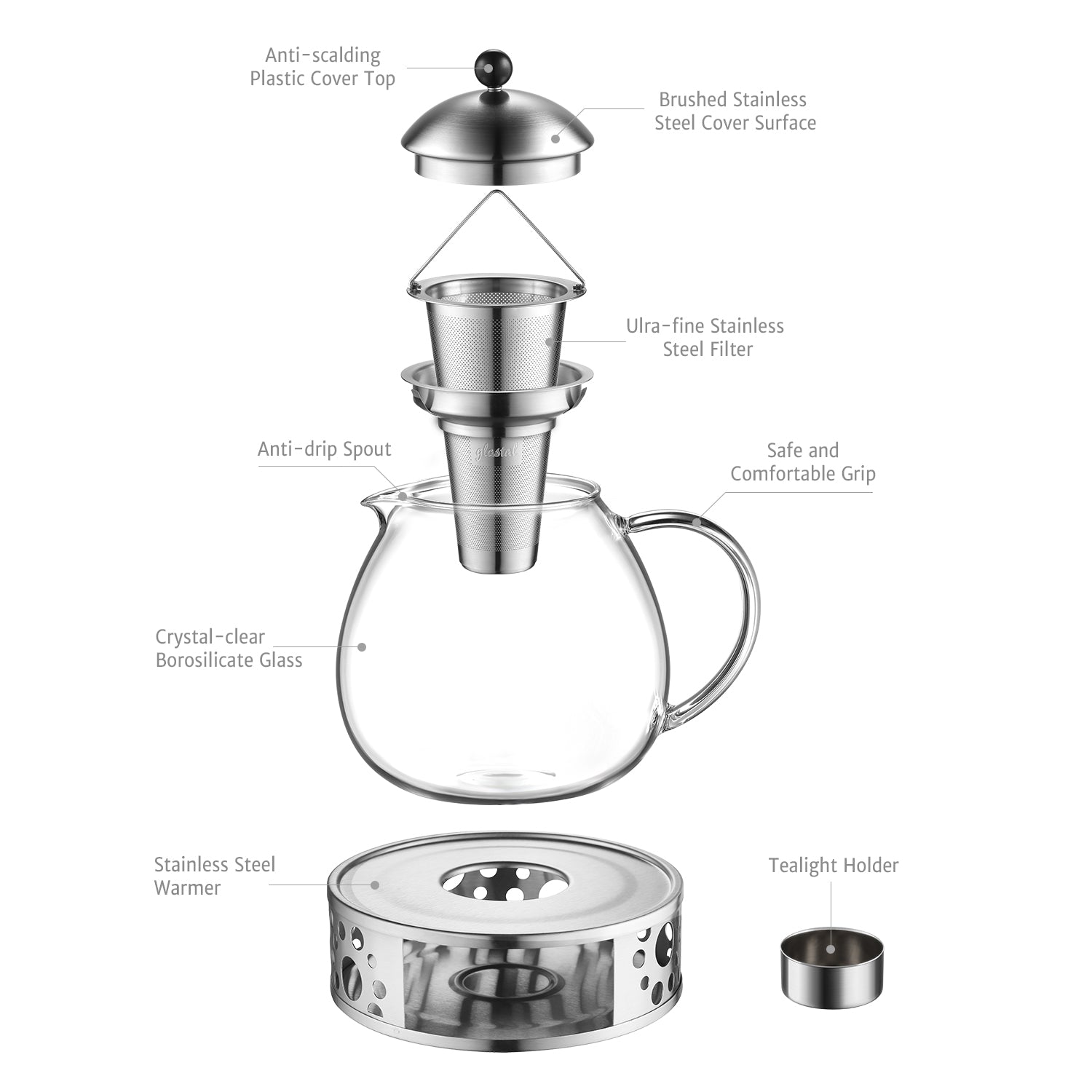 glastal 1500ml Silberne Teekanne mit Stövchen Teebereiter Glas und Edelstahl Teewärmer Teekanne Suit