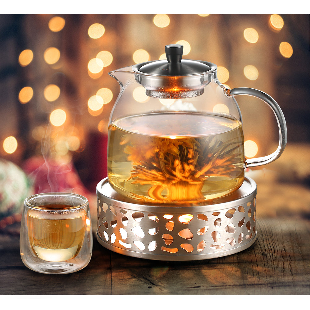 ecooe 1000mL Teekanne mit Stövchen Teebereiter Glas und Edelstahl Teewärmer