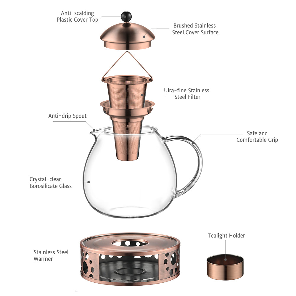 glastal 1500ml Bronze Teekanne mit Stövchen Teebereiter Glas und Edelstahl Teewärmer Teekanne Suit