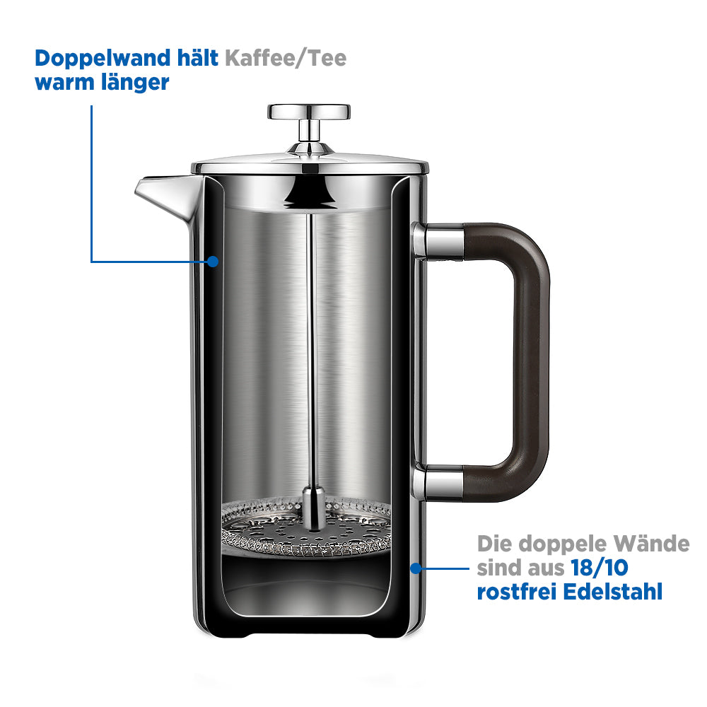 ecooe 1.5L French Press Kaffee Doppelwandiger Kaffeebereiter aus 18/10 Rostenfrei Edelstahl mit 3 Filtern Silber 1500ml