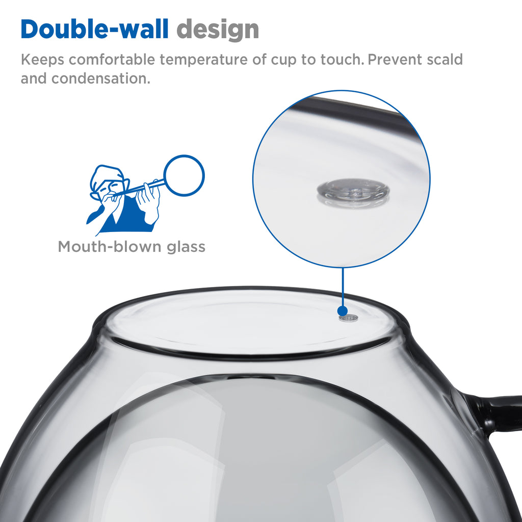 ecooe Black Double Walled Glass Coffee Mug 12 oz Latte Cappuccino Cups Set of 2 Coffee Cups with Handle, Heat Resistant Double Wall Glass Cup for Tea Milk Juice Ice Cream, Birthday Gifts for Mum Dad