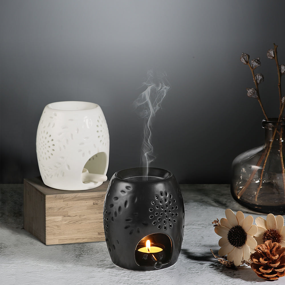 ecooe Aromalampe Teelichthalter Duftlampe aus Keramik Schwarz mit der Candle Löffel Aroma Diffuser