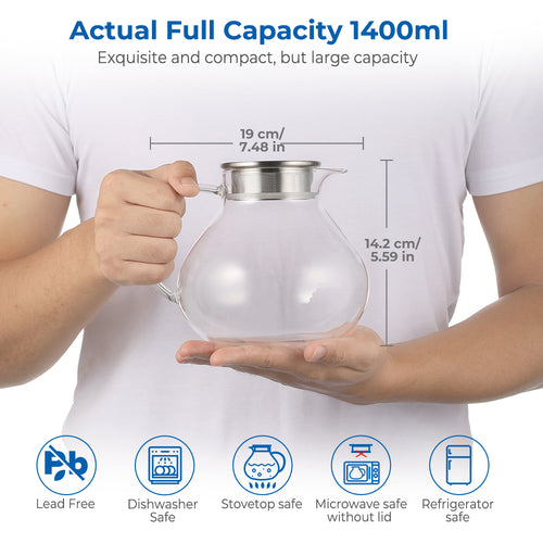 ecooe 1400ml Einfach Glas Teekanne mit 18/8 Silberne Edelstahl 2 in 1 Teesieb Deckel Borosilicate Glas Teebereiter Geeignet für Kalte und Heiße Getränke Offenem Feuer Herd Teewarmer