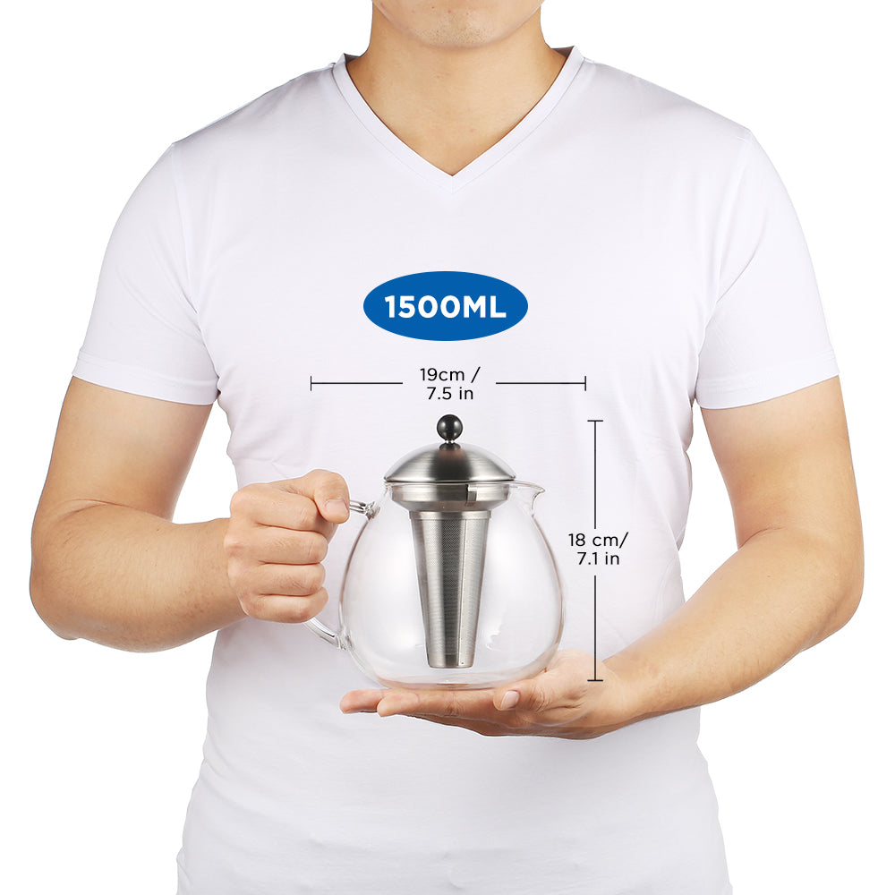 glastal Glas Silberne Teekanne 1500ml mit 18/8 Edelstahl Teesieb Borosilicate Glas Teebereiter Glaskanne Geeignet für Teewarmer