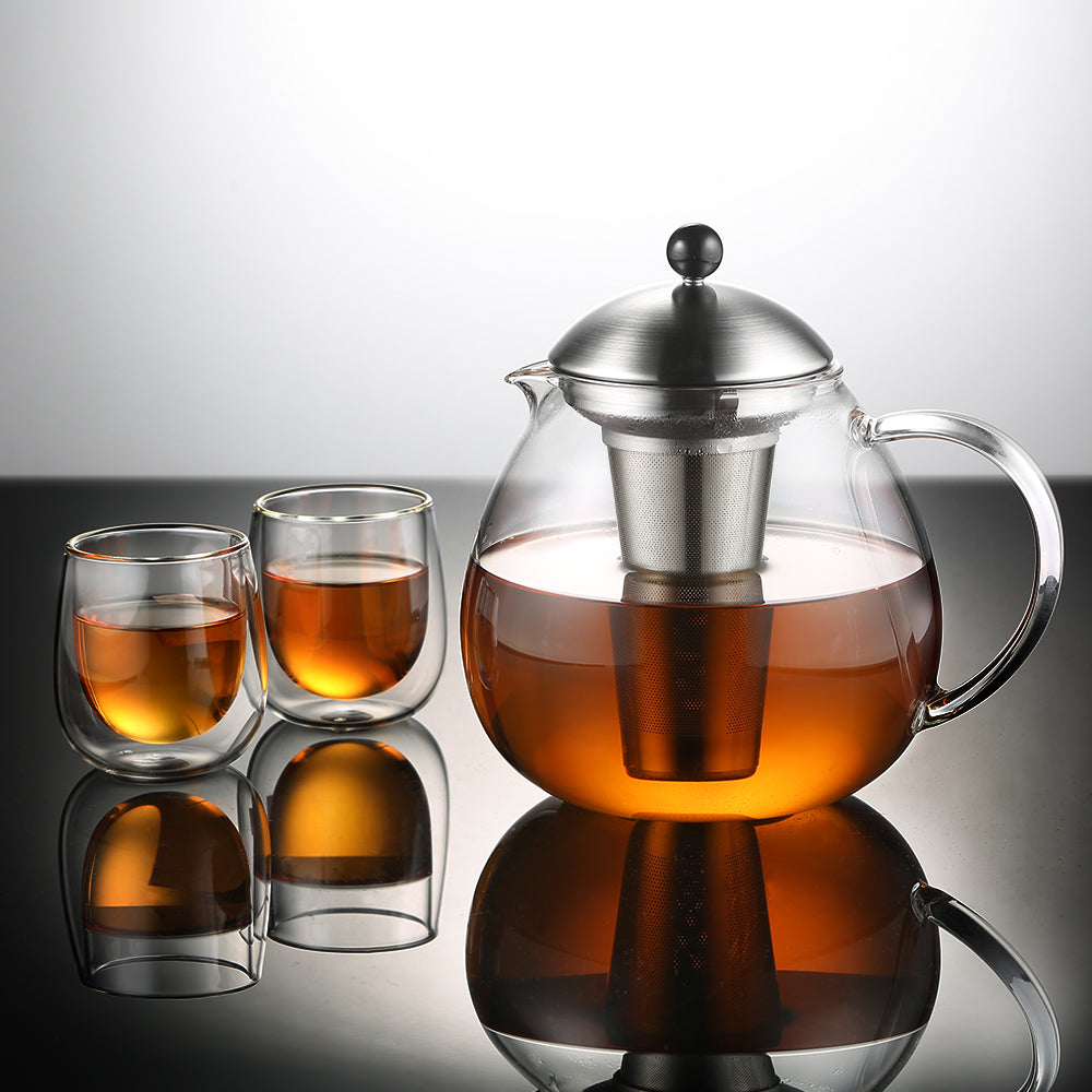 glastal Glas Silberne Teekanne 1500ml mit 18/8 Edelstahl Teesieb Borosilicate Glas Teebereiter Glaskanne Geeignet für Teewarmer