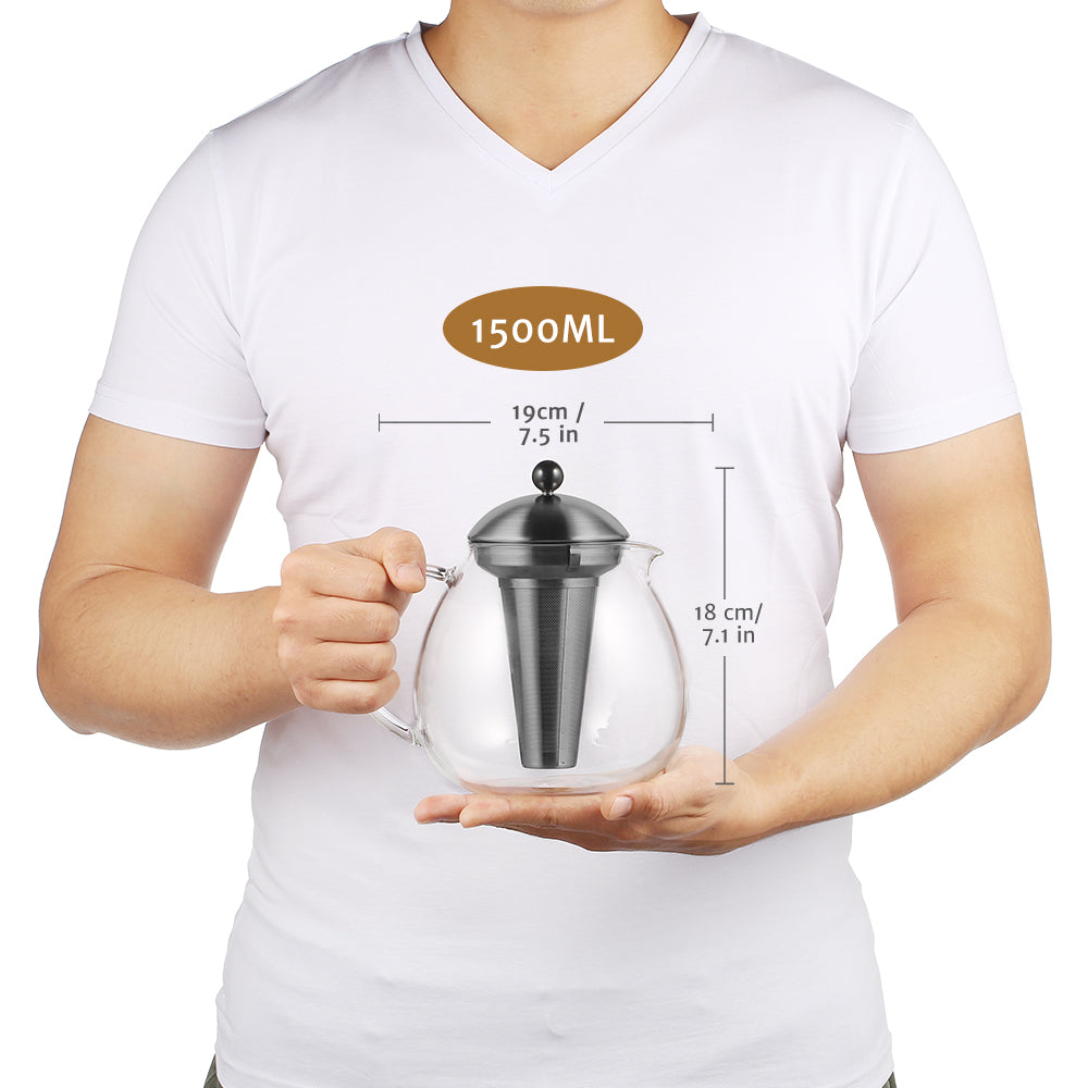 glastal Glas Schwarze Teekanne 1500ml mit 18/8 Edelstahl Teesieb Borosilicate Glas Teebereiter Glaskanne Geeignet für Teewarmer