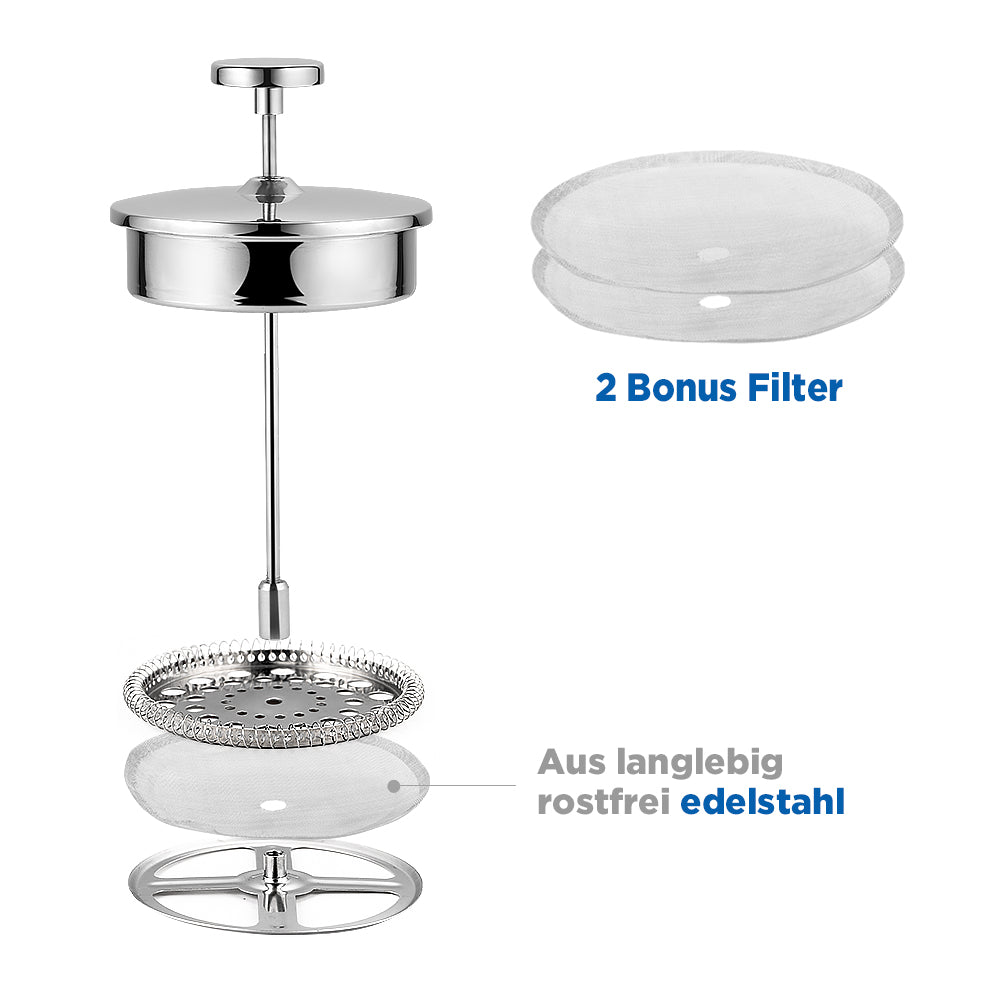ecooe 1.5L French Press Kaffee Doppelwandiger Kaffeebereiter aus 18/10 Rostenfrei Edelstahl mit 3 Filtern Silber 1500ml