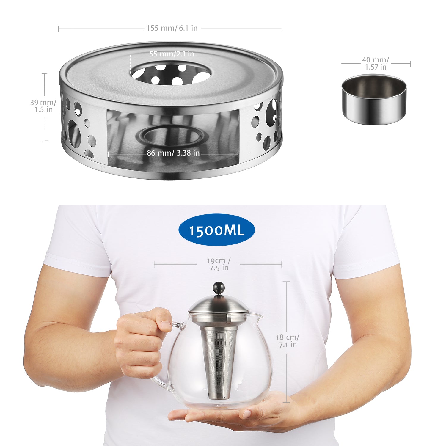 glastal 1500ml Silberne Teekanne mit Stövchen Teebereiter Glas und Edelstahl Teewärmer Teekanne Suit
